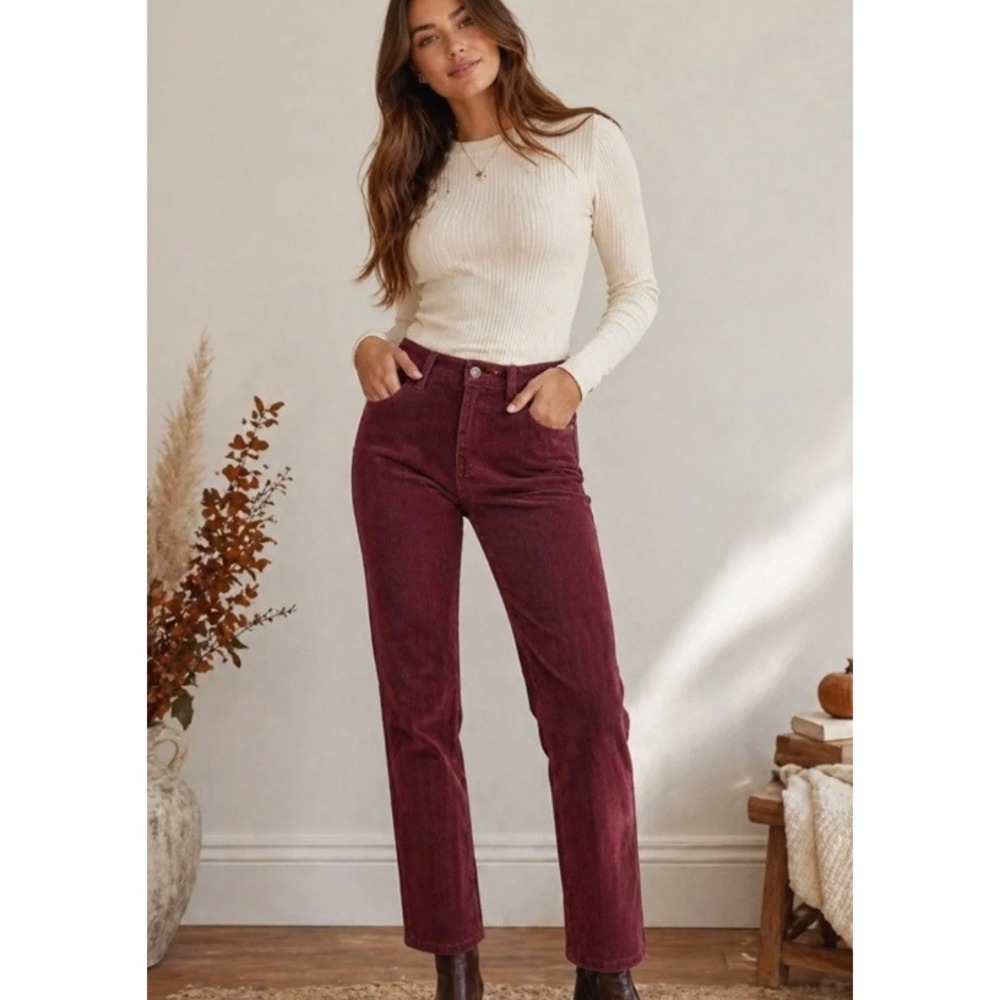 Quince Straight Leg Stretch Burgundy Corduroy Pants Size 8 Fall Business Casual